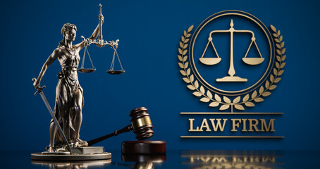 Law Firm: Themis and judge's gavel in the background of a golden icon with scales and text