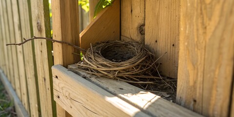 Compact mud-and-stick nest tucked into a corner of a wooden fence, textured detail and shadow play
