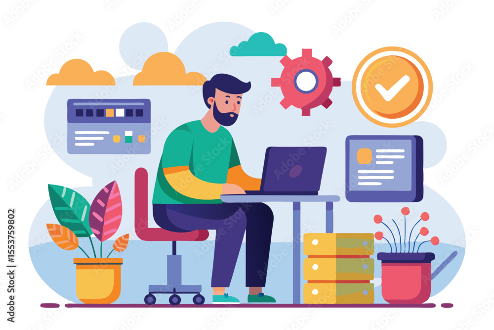 Poster man updates computer system in modern workspace with plants and colorful design elements during dayt