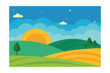 Fototapeta premium Serene Sunset Landscape Rolling Hills, Golden Fields, and Starry Night Sky