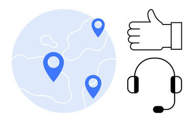 Blue geo-location pins on globe map, black headset, and thumbs-up sign. Ideal for customer service, global communication, remote support, positive interaction, online assistance, user experience