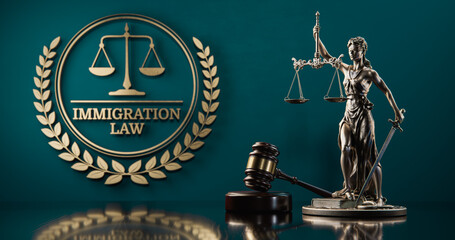 Immigration Law: Themis and judge's gavel in the background of a golden icon with scales and text