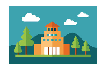 Majestic Mountainside University Building A Flat Design Illustration