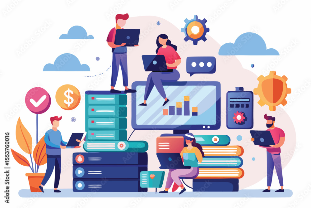 Poster modern flat illustration depicting tiny people engaging in various web hosting activities with serve