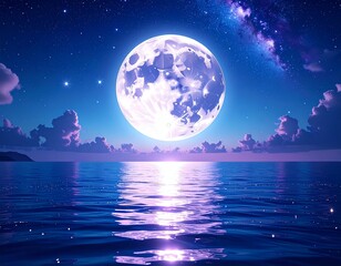 A dreamy night sky filled with glowing stars, a large full moon casting soft light over a calm ocean, deep blue and purple tones, highly detailed fantasy wallpaper"
