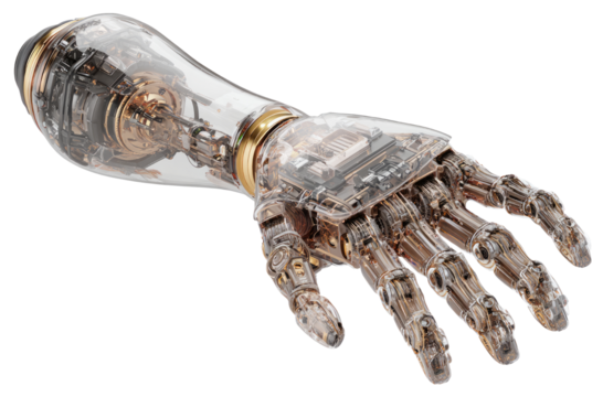 Translucent robotic hand looks futuristic and advanced with intricate details
