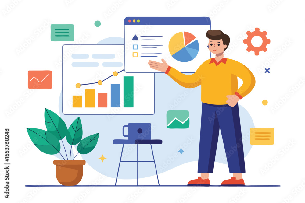 Poster presentation concept featuring a person explaining data analytics in a simple flat design style with