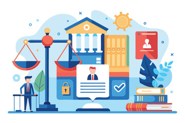 Fototapeta premium Law firm banner featuring legal themes with scales of justice, courthouse, and professional symbols set in a colorful, modern flat design