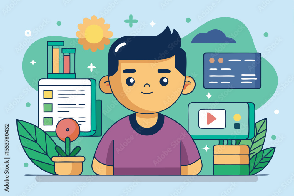 Poster digital illustration of a ux designer working on user experience concepts with colorful elements in 
