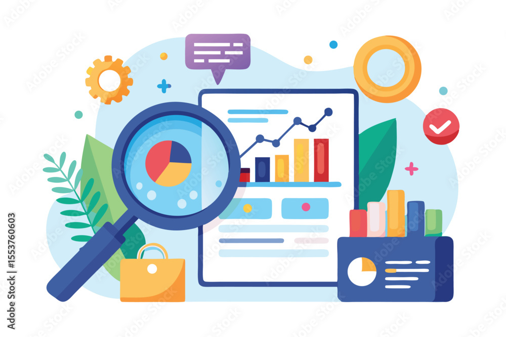 Poster marketing analysis and development concept featuring charts, graphs, and data visualization tools in