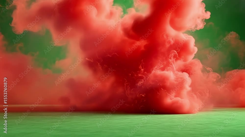 Poster red smoke rises and expands on a green screen background, creating a vibrant and dynamic visual effe