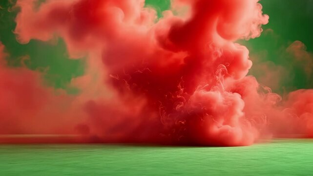 Red smoke rises and expands on a green screen background, creating a vibrant and dynamic visual effect suitable for various creative projects