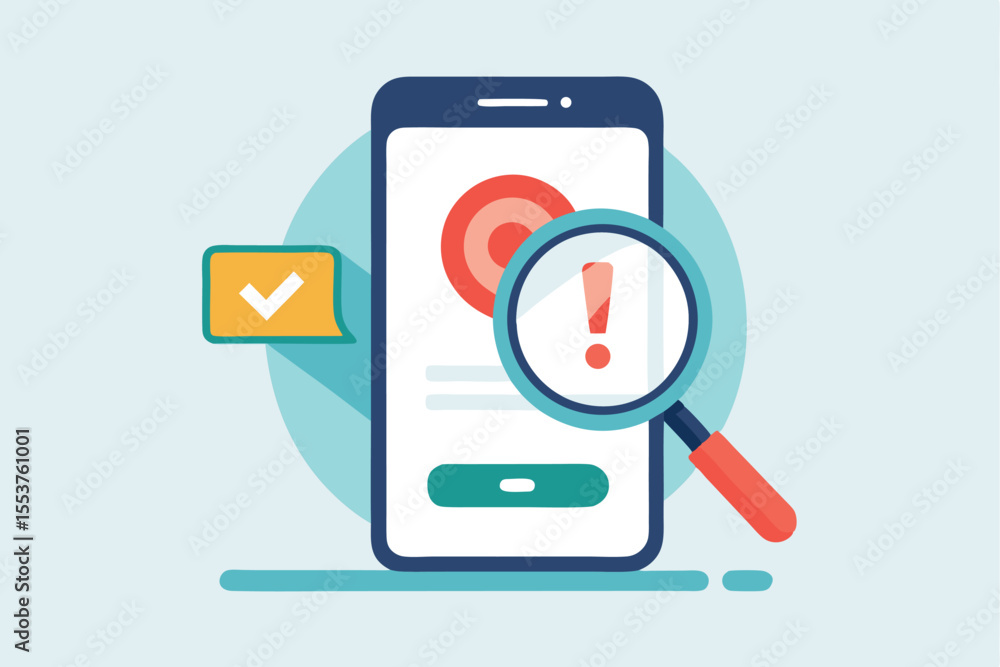 Poster mobile search error concept featuring smartphone screen with an alert icon and magnifying glass, hig