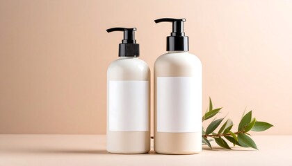 Two White Lotion Bottles With Black Pumps And Blank Labels Against Beige Background