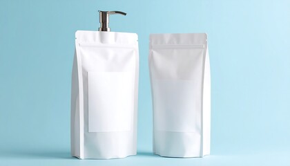 Two White Matte Pouches With Blank Labels And Silver Dispenser On Light Blue Background