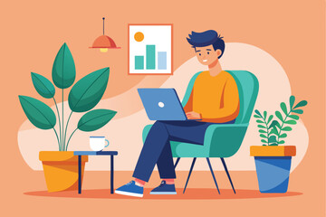 Man working on a laptop while sitting in a chair with potted plants in a cozy room during the daytime