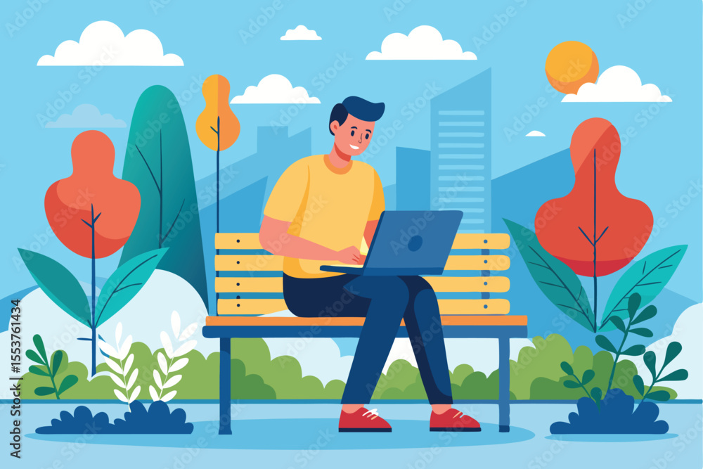 Poster man enjoys outdoor work on laptop while sitting on a bench in a park surrounded by colorful trees an