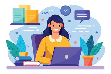 Vector illustration of a woman focused on online work at home surrounded by books and plants during the day