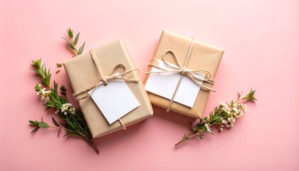 Two Wrapped Presents with Floral Embellishments and Blank Labels on Pink
