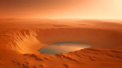 Fotobehang A vast Martian landscape features a large crater with a small body of water at its center. Water on Mars concept © ChaoticDesignStudio