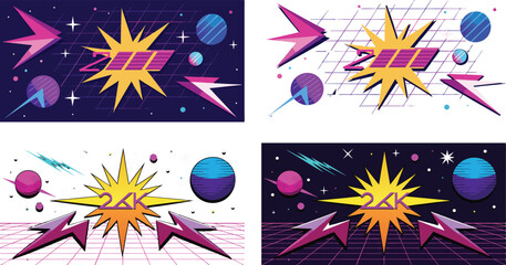 Vector art of retro styled 80s and 90s inspired geometric starburst patterns with neon colors create a vibrant background