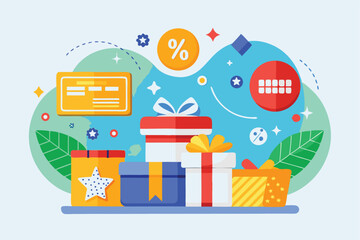 Bright and colorful customer loyalty program concept featuring consumer rewards with gift boxes and promotional elements