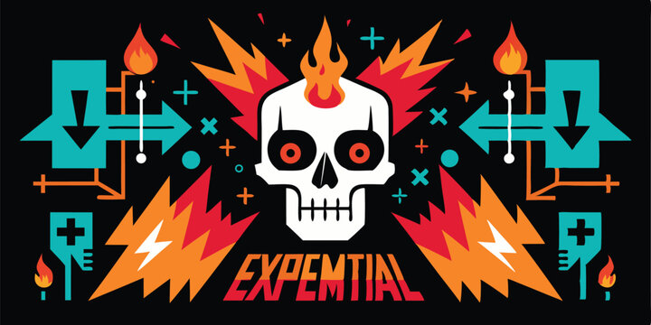 Vector art of a fiery skull explodes amidst a chaotic arrangement of arrows, plus signs, and electricity, creating a dynamic and vibrant vector graphic
