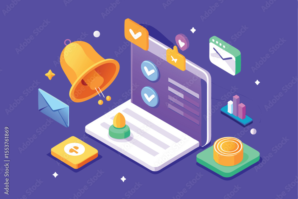 Poster floating notification popup interface with checkmarks and icons on a colorful background depicting d