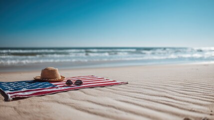 Serene beach scene: American flag beach towel, straw hat, sunglasses, ocean view.