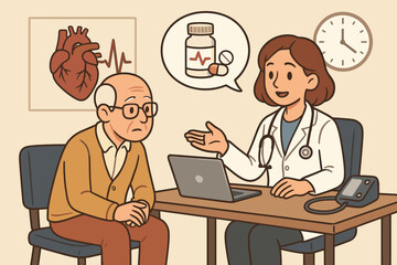 Elderly patient consulting cardiologist doctor for hypertension treatment. Medical consultation, heart health checkup, prescription medication advice, senior healthcare, vector cartoon illustration
