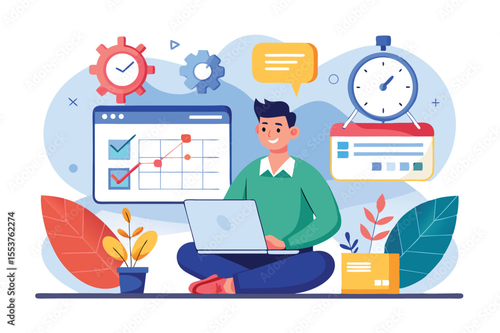 Poster effective time management strategies depicted in project planning visualization with charts and digi
