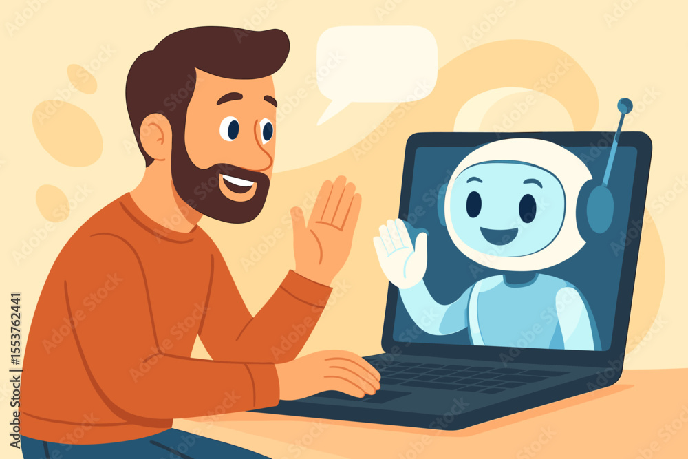 Poster friendly human ai interaction cartoon. man chatting with artificial intelligence robot on laptop. vi