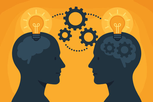 Human Minds Interconnected with Gears and Glowing Light Bulbs Symbolizing Knowledge Sharing, Collaboration, Innovation, Communication, and Creative Thinking Vector Illustration