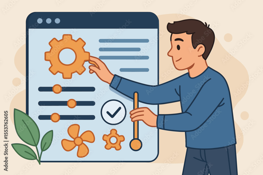 Poster cartoon man adjusting system settings on digital control panel. user interface customization, gear a