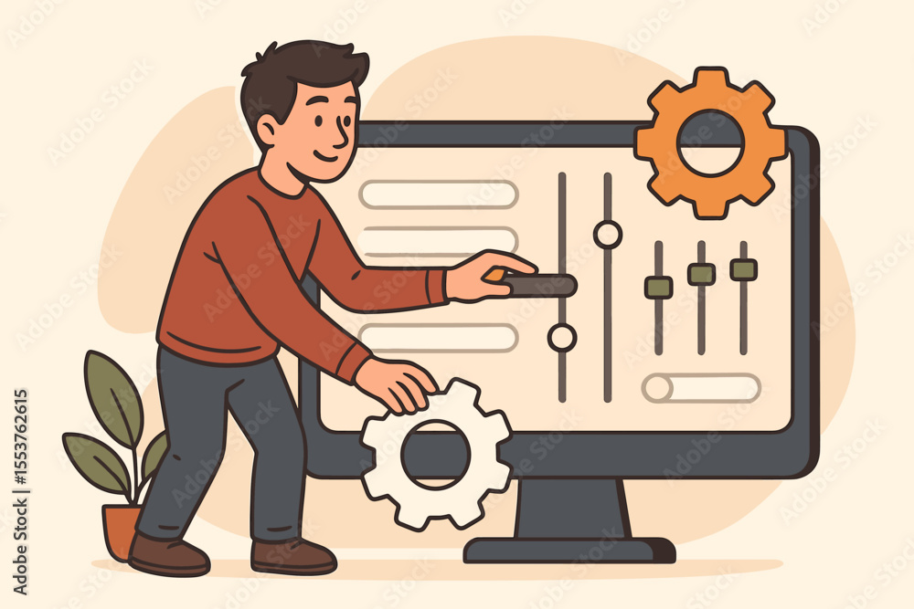 Aufkleber cartoon man adjusting system settings and control panel parameters on computer screen. user interfac