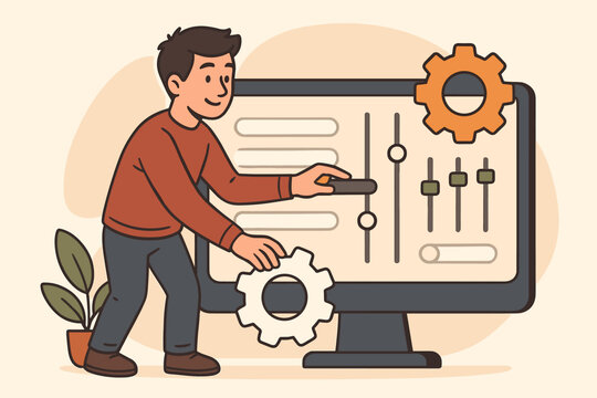 Cartoon man adjusting system settings and control panel parameters on computer screen. User interface customization, configuration, gear icons, sliders, technology management vector illustration