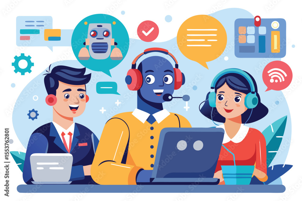 Poster digital helpdesk team interacts with artificial intelligence characters and tools in a modern office
