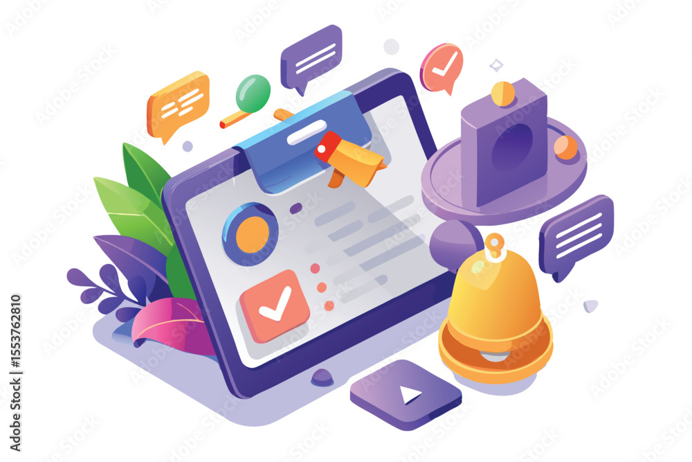 Poster notification popup page featuring floating elements with colorful icons and interactive elements des