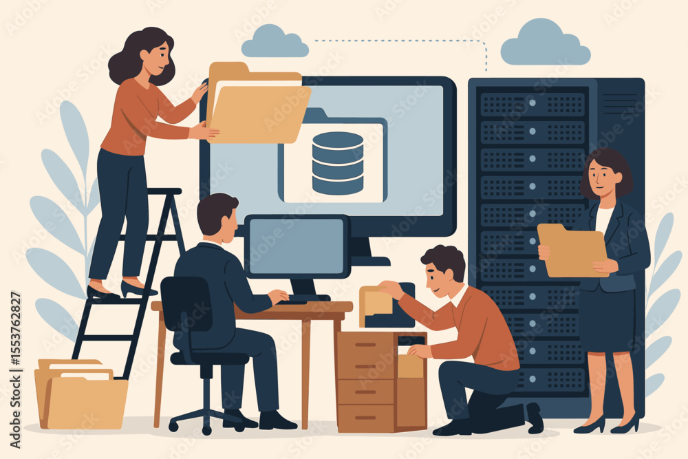 Poster office employees organizing digital database files, managing cloud data storage, teamwork with serve