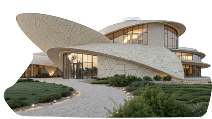 A futuristic luxury house with curved stone walls and large glass windows sits on a landscaped lawn isolated on transparent background, showcasing its unique architectural design