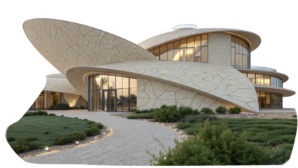 A futuristic luxury house with curved stone walls and large glass windows sits on a landscaped lawn isolated on transparent background, showcasing its unique architectural design