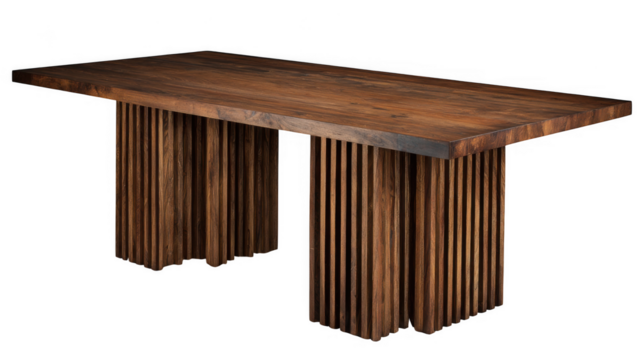 A rich brown wooden dining table with unique slatted legs is isolated on transparent background, showcasing its modern design
