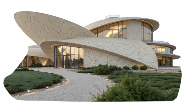 A futuristic luxury house with curved stone walls and large glass windows sits on a landscaped lawn isolated on transparent background, showcasing its unique architectural design