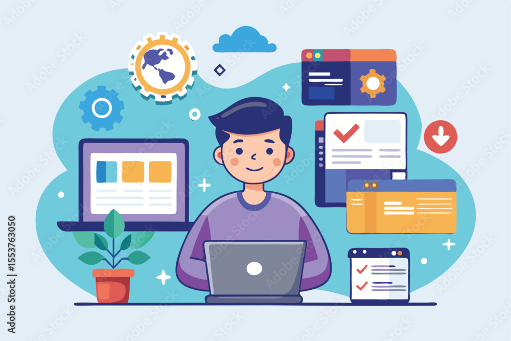 Poster back end development cartoon vector illustration with a computer and various tech elements depicting