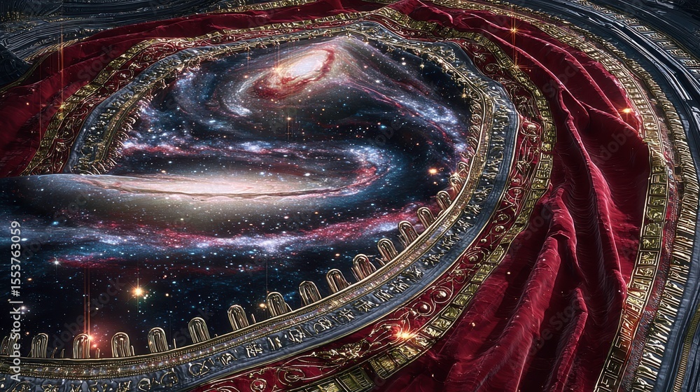 Poster enigmatic cosmic galaxy unfolding from luxurious red fabric displaying the vastness of the universe 