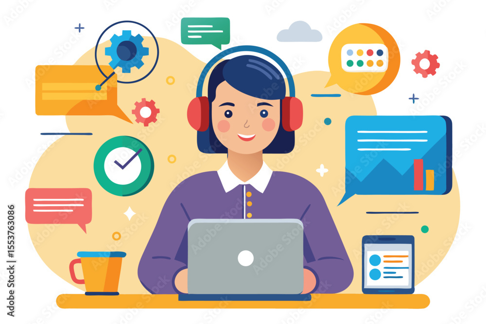 Poster call center operator providing customer support with digital tools in a vibrant workspace, focused o