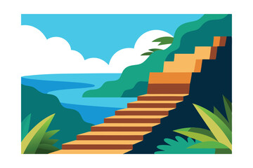 Obraz premium Serene Coastal Staircase A Journey to Tranquility and Scenic Beauty