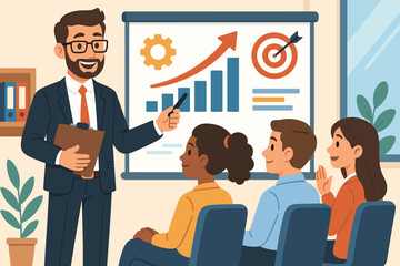 Business Coach Leading Employee Training Session for Skill Development, Teamwork, Performance Improvement, Career Growth, Motivation, Corporate Seminar, Office Presentation, Vector Illustration
