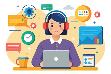 Fototapeta premium Call center operator providing customer support with digital tools in a vibrant workspace, focused on enhancing client interactions and addressing inquiries