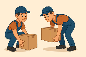 Proper and Improper Lifting Techniques by Male Workers Carrying Heavy Boxes. Safety Posture Comparison. Manual Handling. Occupational Health. Cartoon Vector Illustration for Workplace Training